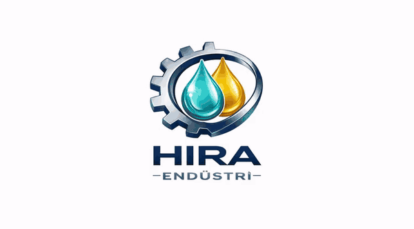 Hira Endüstri logosunda dişli ile turkuaz ve altın damlaların birleştiği döngülü animasyon